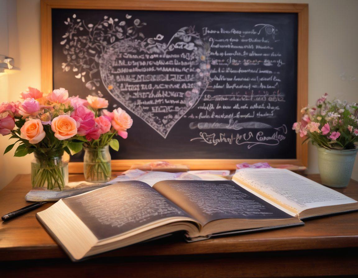 A warm classroom setting blending textbooks and romantic elements, with a chalkboard featuring heartfelt love quotes and soft, glowing light illuminating a couple sharing a book, surrounded by blooming flowers and whimsical doodles of hearts. The atmosphere evokes a sense of tenderness and learning. dreamy, soft focus, vibrant colors.