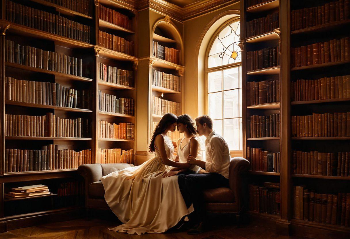 A heartfelt scene of an intimate couple sharing a quiet moment over a stack of books in a cozy, softly lit library, surrounded by bookshelves filled with classic literature. Ethereal floating hearts and abstract symbols of devotion subtly weave through the air, illustrating the essence of love and scholarly pursuits. The colors are warm and inviting with a golden hue, creating a romantic atmosphere. art nouveau style. vibrant colors. gentle lighting.