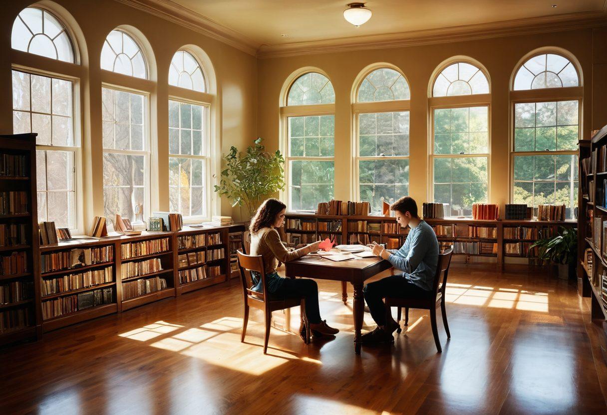 A warm and inviting library scene filled with colorful books, with a couple sharing a passionate conversation over a table adorned with love letters and a heart-shaped potted plant. Sunlight pours in through a large window, casting soft shadows on the wooden floor. Surround the scene with subtle hints of academic motifs like graduation caps and diplomas on the walls. The atmosphere should evoke feelings of love, wisdom, and connection. super-realistic. warm colors. cozy ambiance.